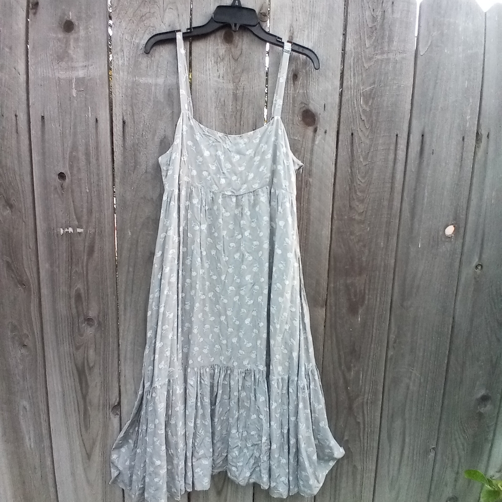 MILLIBON MAXI DRESS WOMEN SZ L BLUE TAN ADJUSTABLE STRAPS ZIP RAYON CASUAL